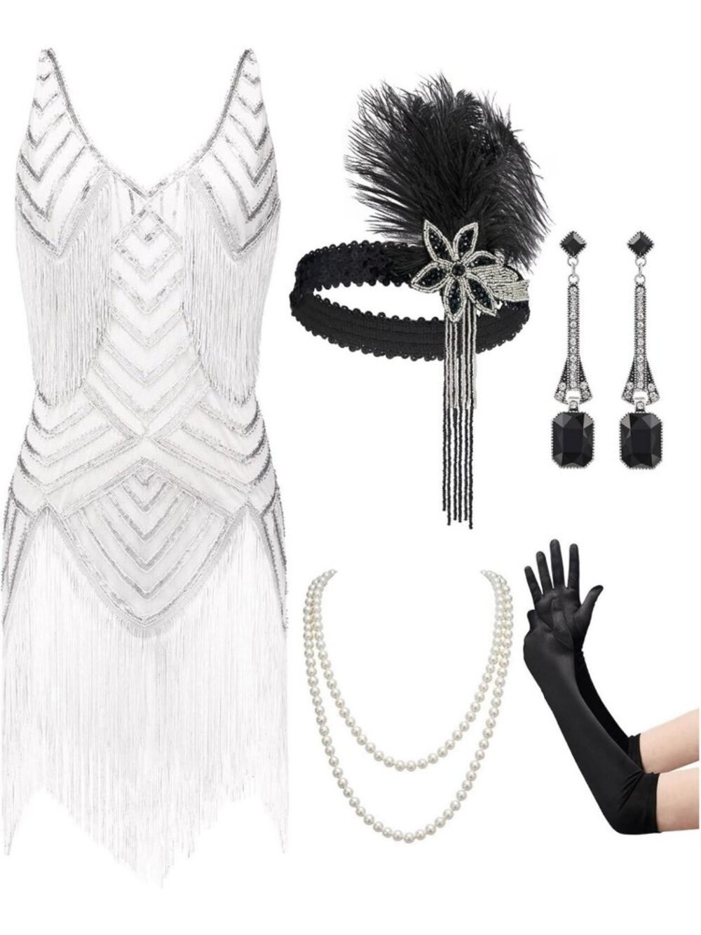1920s Flapper Dress V Neck Great Gatsby Fringe Cocktail Outfit with Accessories